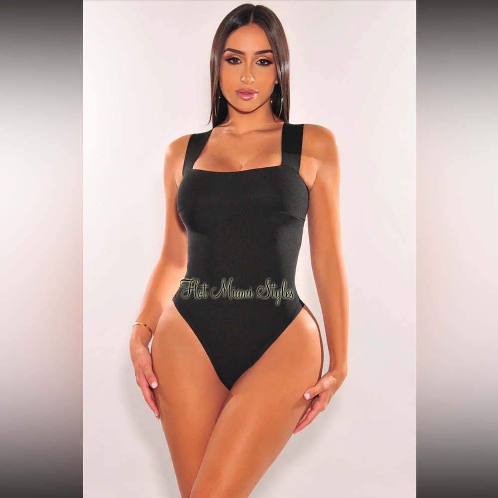 Black Square Neck Straps Bandage Body Suit